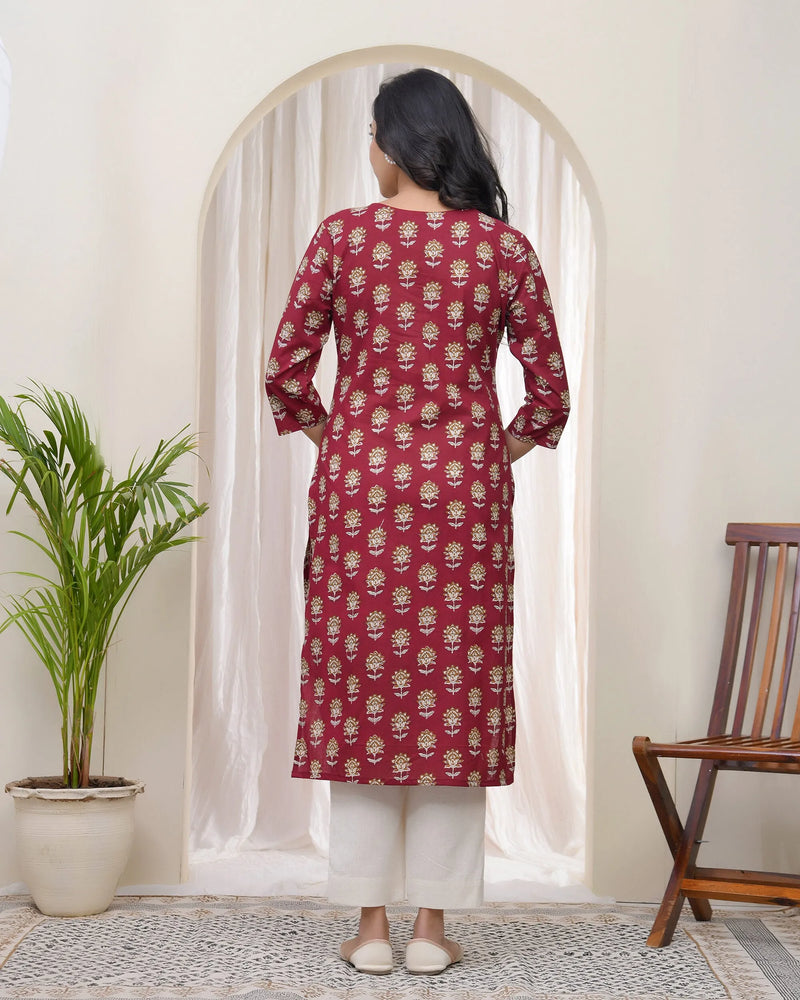 Women Maroon Cotton printed Straight Kurti (Set of 5 Pc)