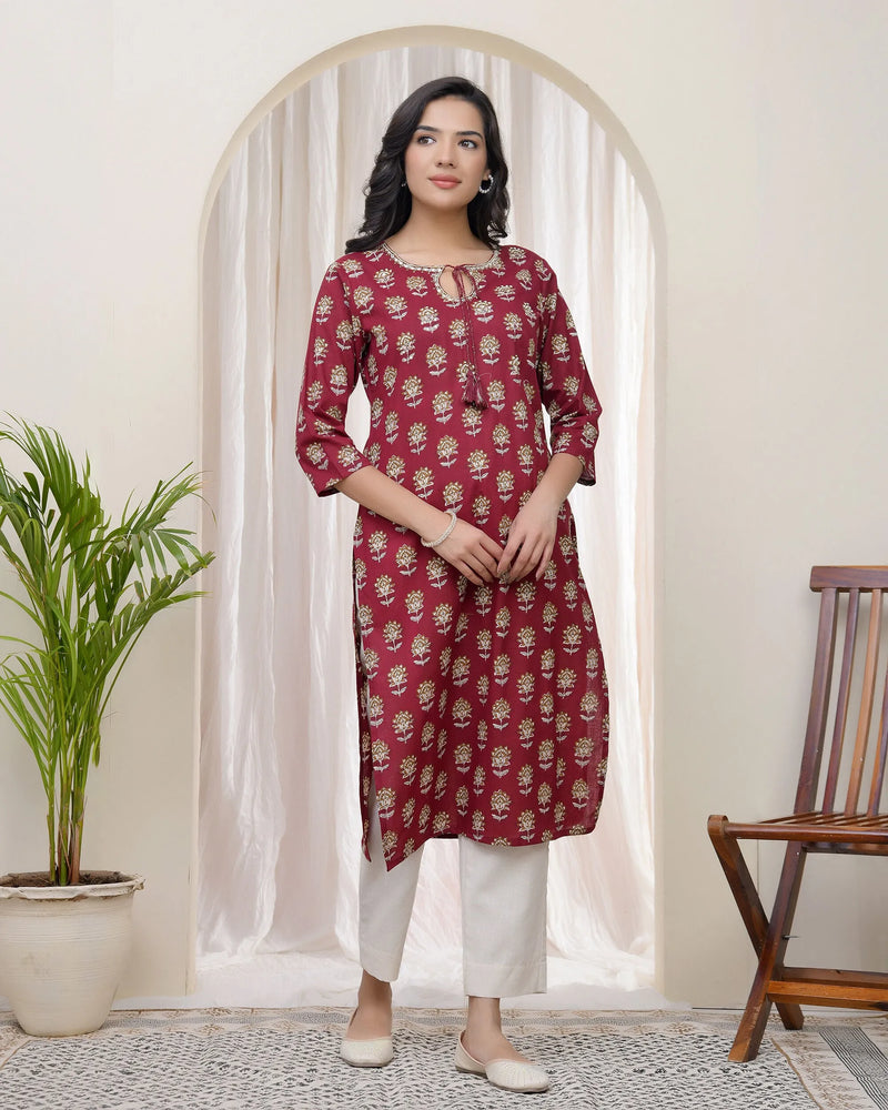Women Maroon Cotton printed Straight Kurti (Set of 5 Pc)