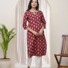 Women Maroon Cotton printed Straight Kurti (Set of 5 Pc)