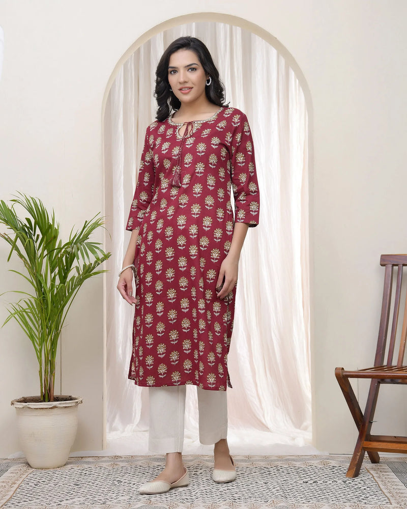 Women Maroon Cotton printed Straight Kurti (Set of 5 Pc)