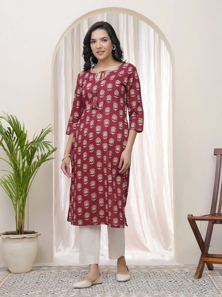 Women Maroon Cotton printed Straight Kurti (Set of 5 Pc)