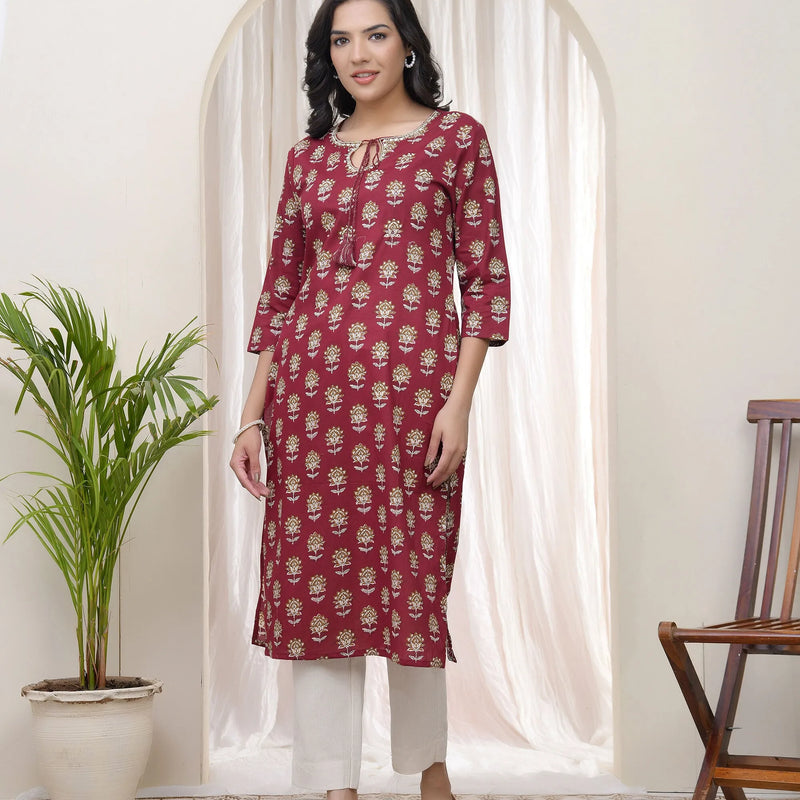 Women Maroon Cotton printed Straight Kurti (Set of 5 Pc)