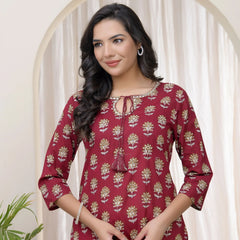 Women Maroon Cotton printed Straight Kurti (Set of 5 Pc)