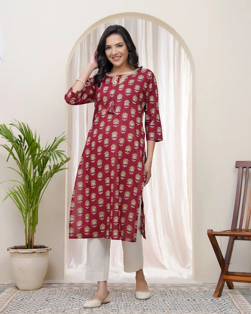 Women Maroon Cotton printed Straight Kurti (Set of 5 Pc)