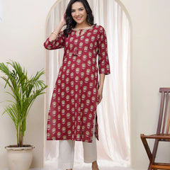 Women Maroon Cotton printed Straight Kurti (Set of 5 Pc)