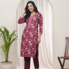 Women Magenta Cotton printed Straight Kurti (Set of 5 Pc)