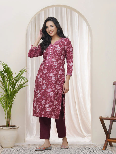 Women Magenta Cotton printed Straight Kurti (Set of 5 Pc)