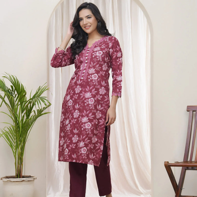 Women Magenta Cotton printed Straight Kurti (Set of 5 Pc)