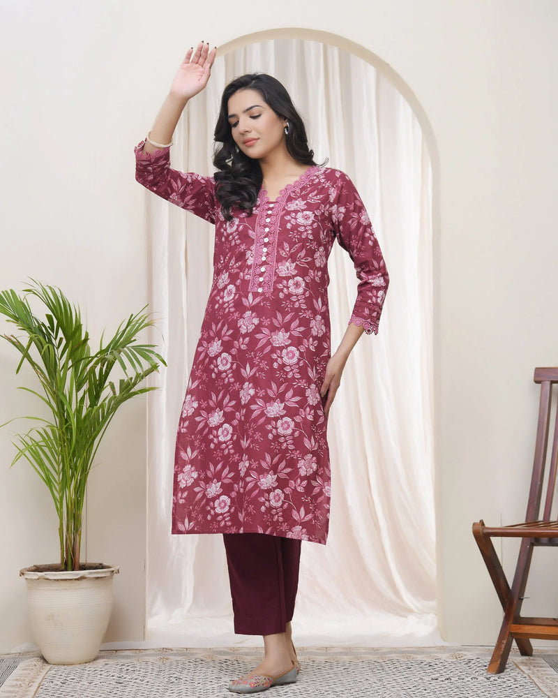 Women Magenta Cotton printed Straight Kurti (Set of 5 Pc)