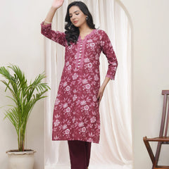 Women Magenta Cotton printed Straight Kurti (Set of 5 Pc)