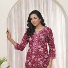 Women Magenta Cotton printed Straight Kurti (Set of 5 Pc)