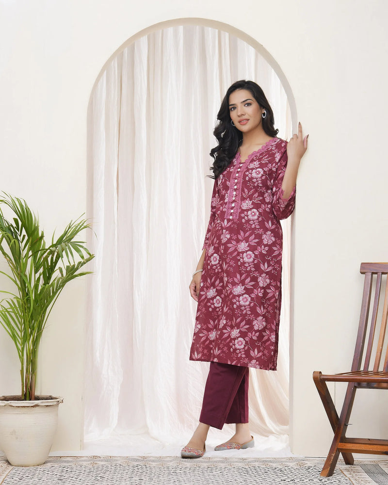 Women Magenta Cotton printed Straight Kurti (Set of 5 Pc)
