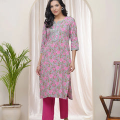 Women Grey Cotton Printed Straight Kurti (Set of 5 Pc)