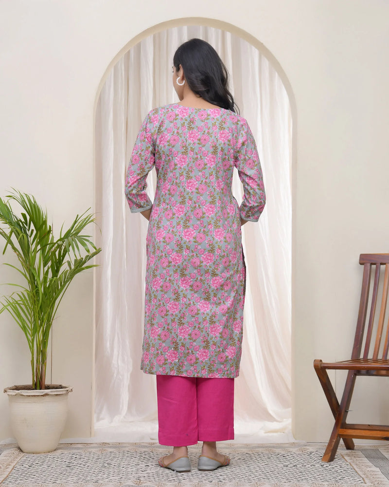 Women Grey Cotton Printed Straight Kurti (Set of 5 Pc)