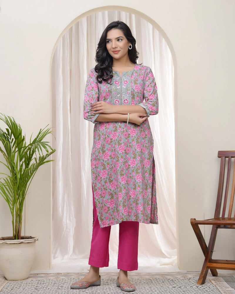 Women Grey Cotton Printed Straight Kurti (Set of 5 Pc)