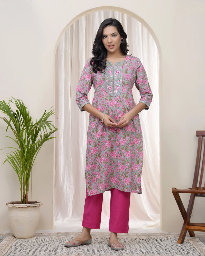 Women Grey Cotton Printed Straight Kurti (Set of 5 Pc)