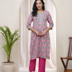 Women Grey Cotton Printed Straight Kurti (Set of 5 Pc)