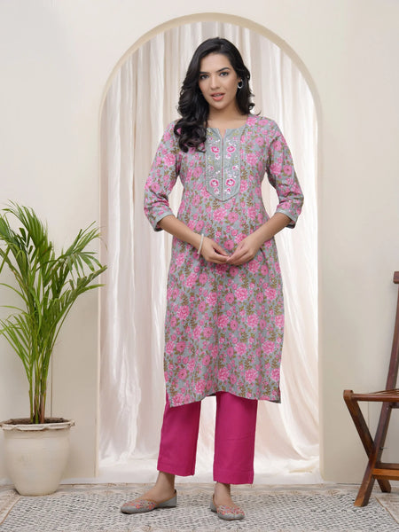 Women Grey Cotton Printed Straight Kurti (Set of 5 Pc)