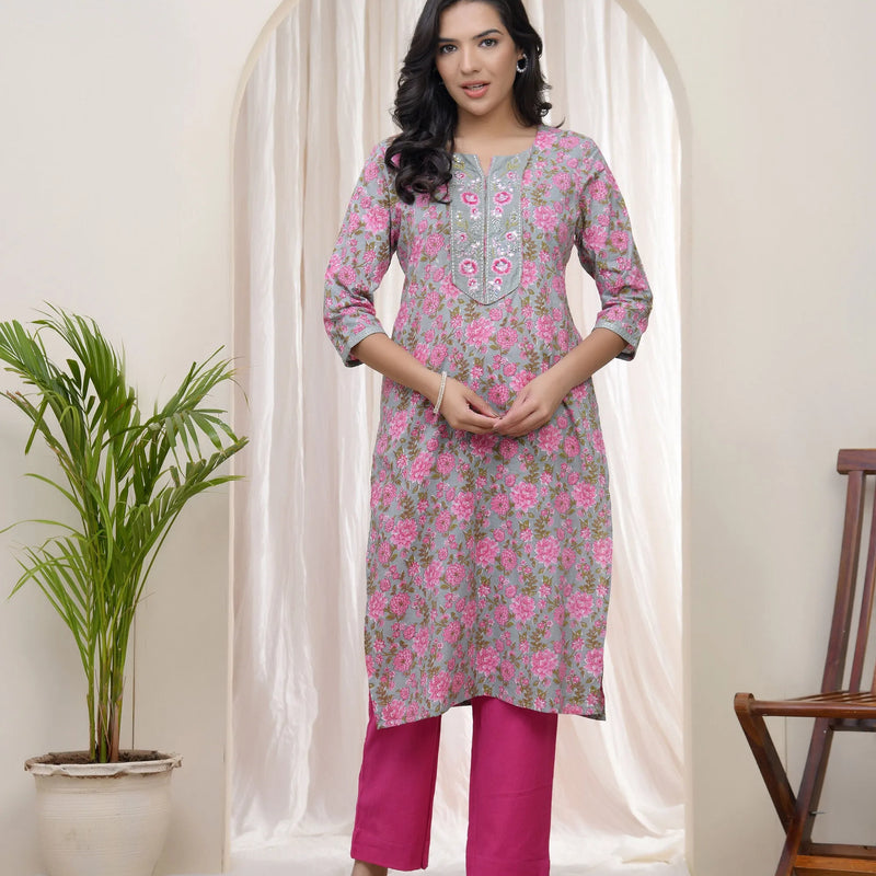Women Grey Cotton Printed Straight Kurti (Set of 5 Pc)