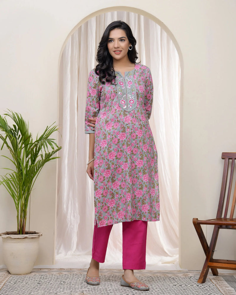 Women Grey Cotton Printed Straight Kurti (Set of 5 Pc)