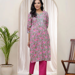 Women Grey Cotton Printed Straight Kurti (Set of 5 Pc)