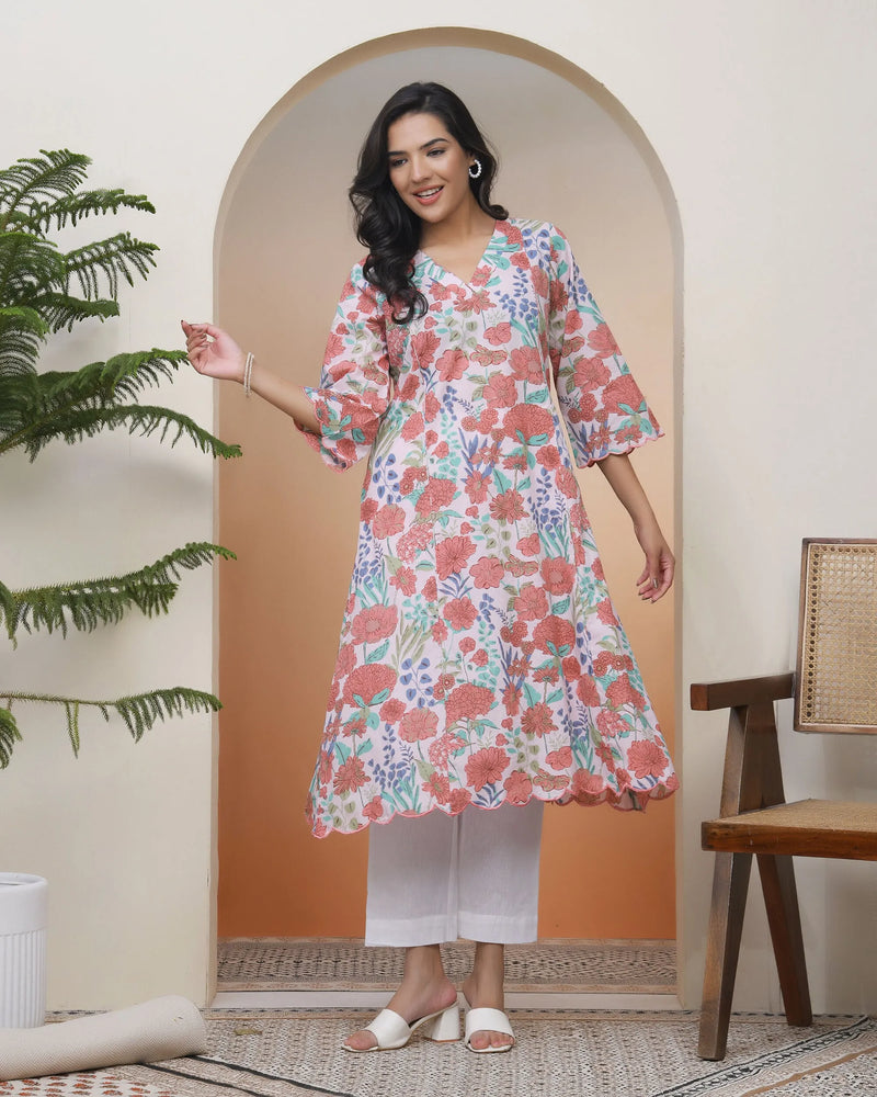 Women Peach Floral Cotton Printed Flare Kurti (Set of 5 Pc)