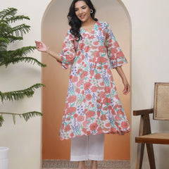 Women Peach Floral Cotton Printed Flare Kurti (Set of 5 Pc)