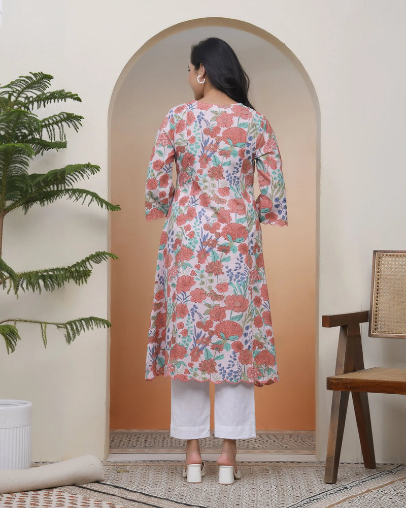 Women Peach Floral Cotton Printed Flare Kurti (Set of 5 Pc)