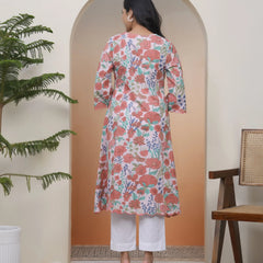 Women Peach Floral Cotton Printed Flare Kurti (Set of 5 Pc)