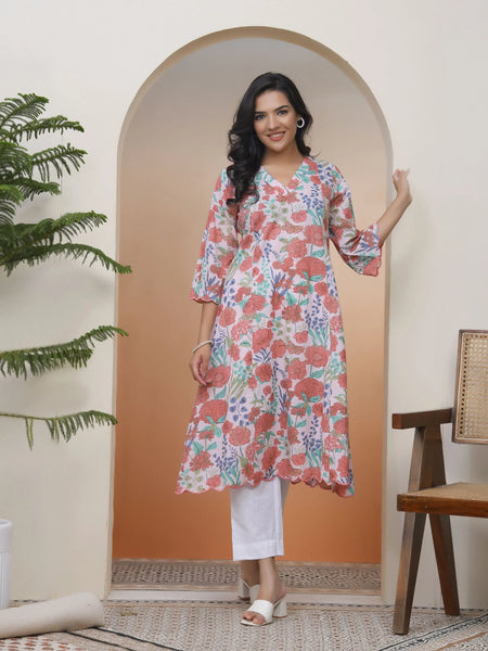 Women Peach Floral Cotton Printed Flare Kurti (Set of 5 Pc)