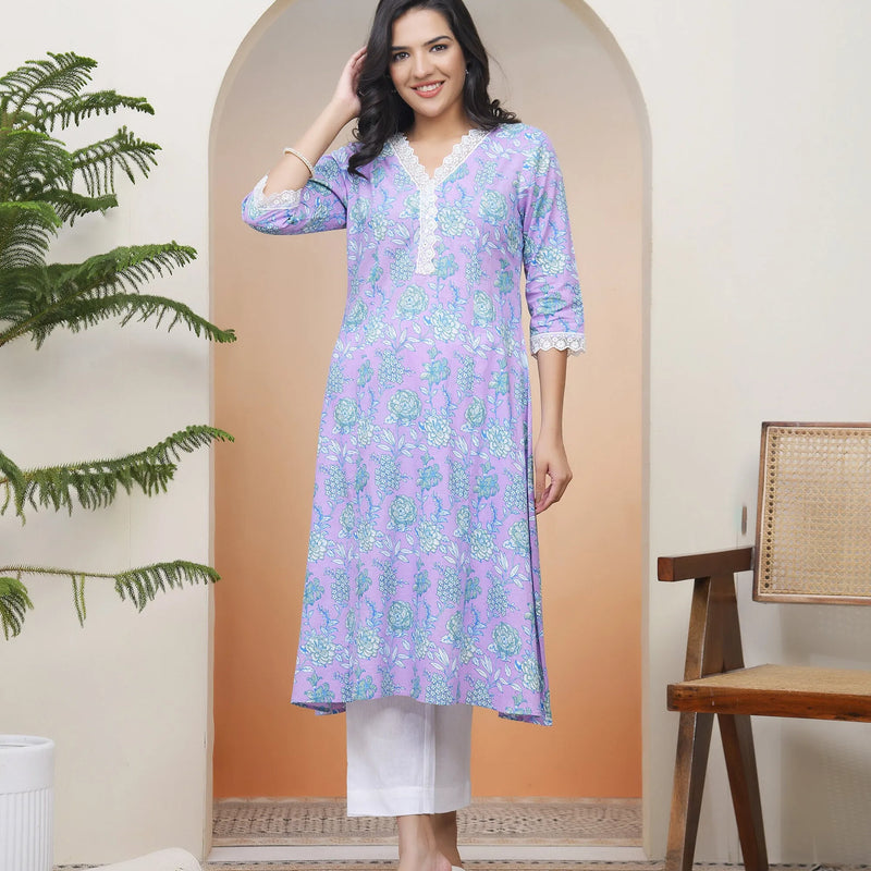 Women Lavender Floral Cotton Printed Flare Kurti (Set of 5 Pc)