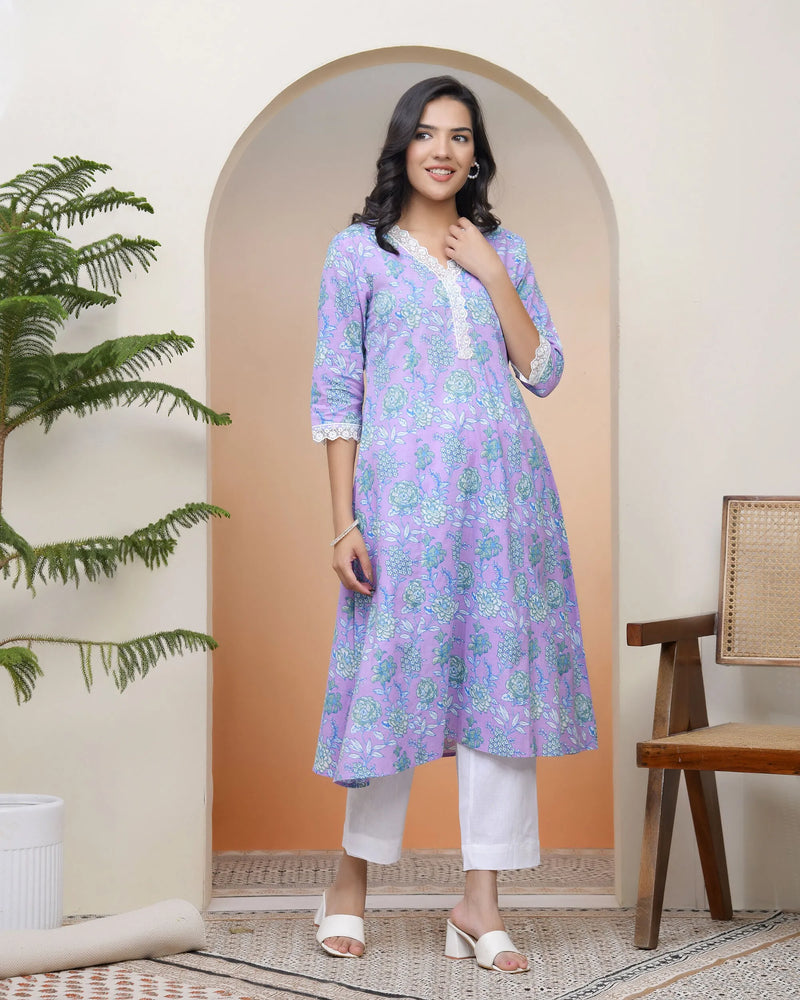 Women Lavender Floral Cotton Printed Flare Kurti (Set of 5 Pc)