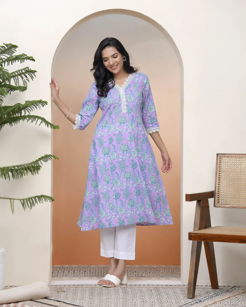 Women Lavender Floral Cotton Printed Flare Kurti (Set of 5 Pc)