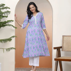 Women Lavender Floral Cotton Printed Flare Kurti (Set of 5 Pc)