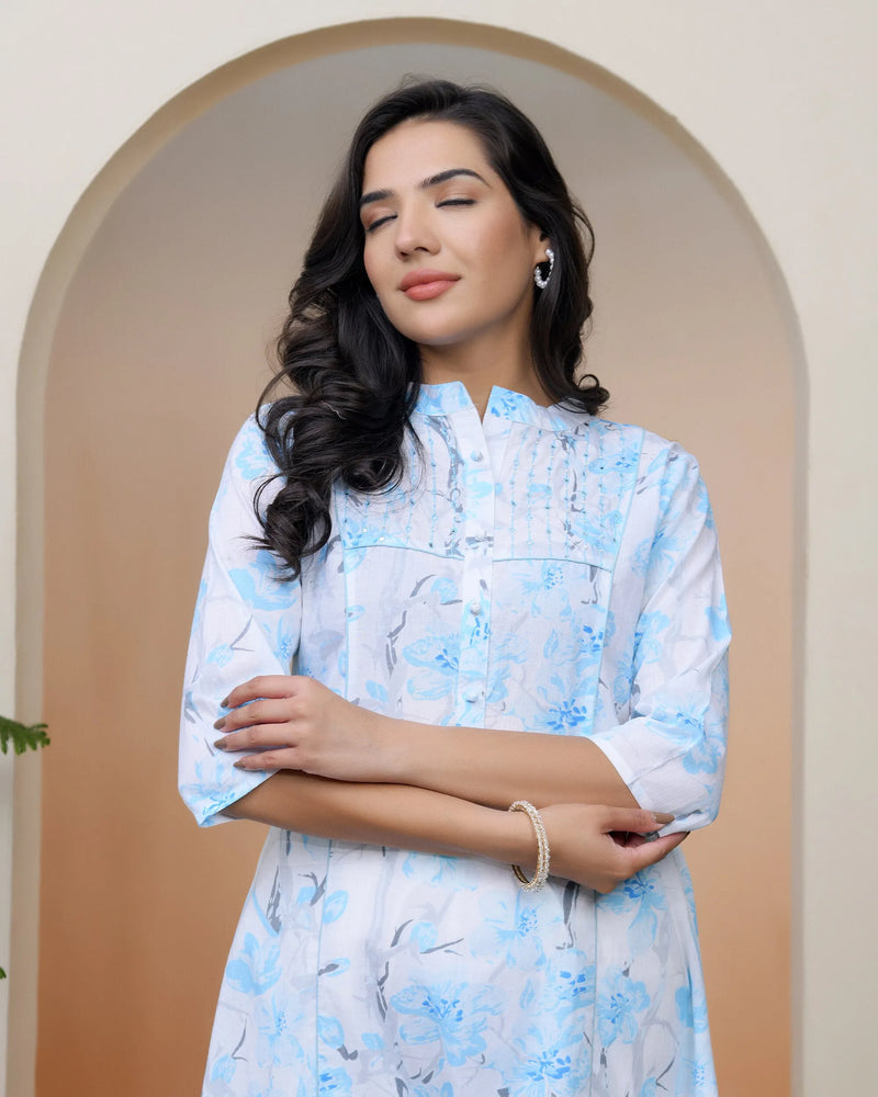 Women’s White Floral Cotton Printed Flared Kurti (Set of 5 Pc)