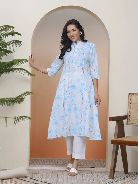 Women’s White Floral Cotton Printed Flared Kurti (Set of 5 Pc)