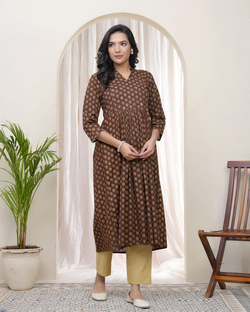 Brown Boonta Cotton Printed Gathered Kurti  (Set of 5 Pc)