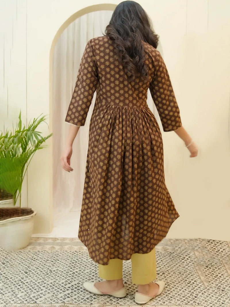 Brown Boonta Cotton Printed Gathered Kurti  (Set of 5 Pc)