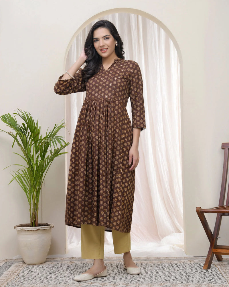 Brown Boonta Cotton Printed Gathered Kurti  (Set of 5 Pc)
