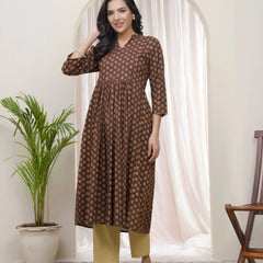 Brown Boonta Cotton Printed Gathered Kurti  (Set of 5 Pc)