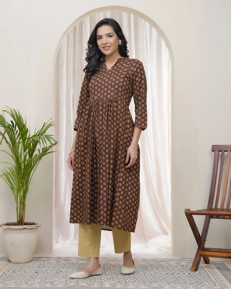 Brown Boonta Cotton Printed Gathered Kurti  (Set of 5 Pc)