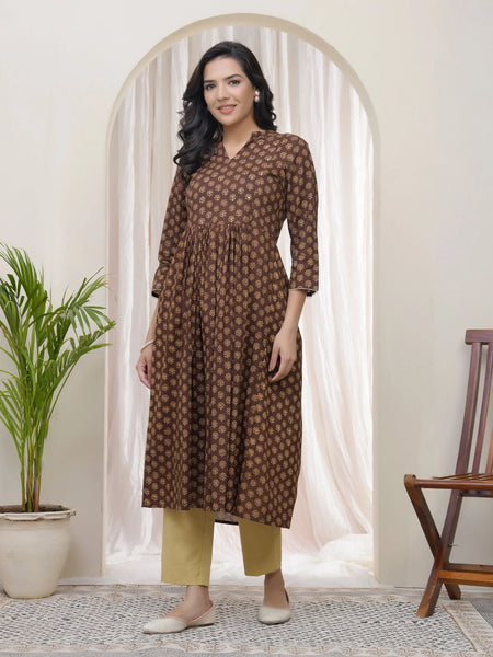 Brown Boonta Cotton Printed Gathered Kurti  (Set of 5 Pc)