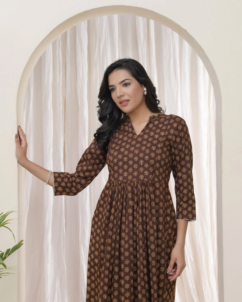 Brown Boonta Cotton Printed Gathered Kurti  (Set of 5 Pc)