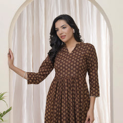 Brown Boonta Cotton Printed Gathered Kurti  (Set of 5 Pc)