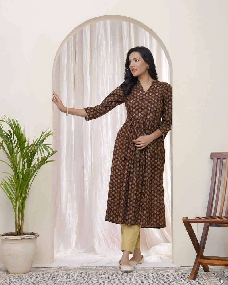 Brown Boonta Cotton Printed Gathered Kurti  (Set of 5 Pc)