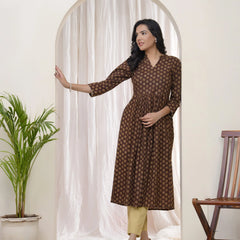 Brown Boonta Cotton Printed Gathered Kurti  (Set of 5 Pc)