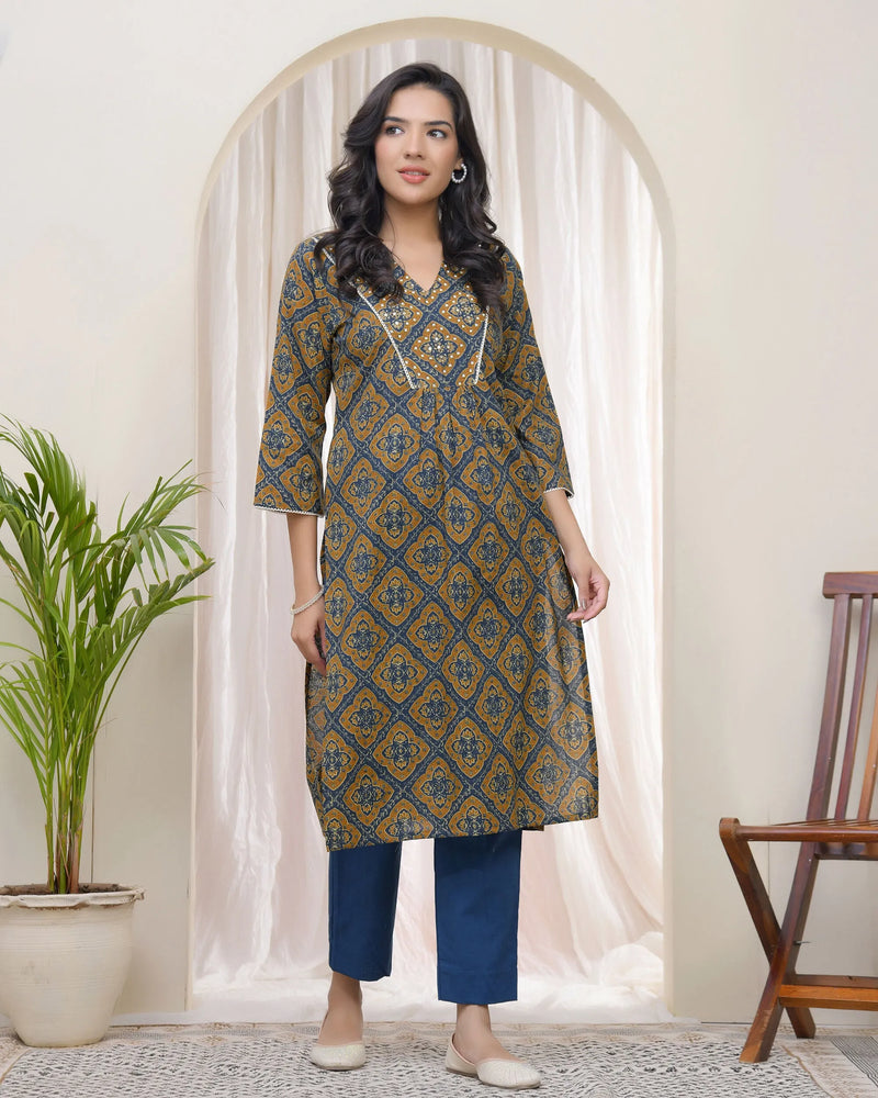 Blue Ajkakh Printed Kurti With Embroidered Yoke (Set of 5 Pc)