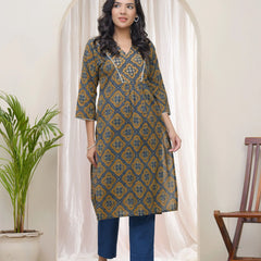 Blue Ajkakh Printed Kurti With Embroidered Yoke (Set of 5 Pc)