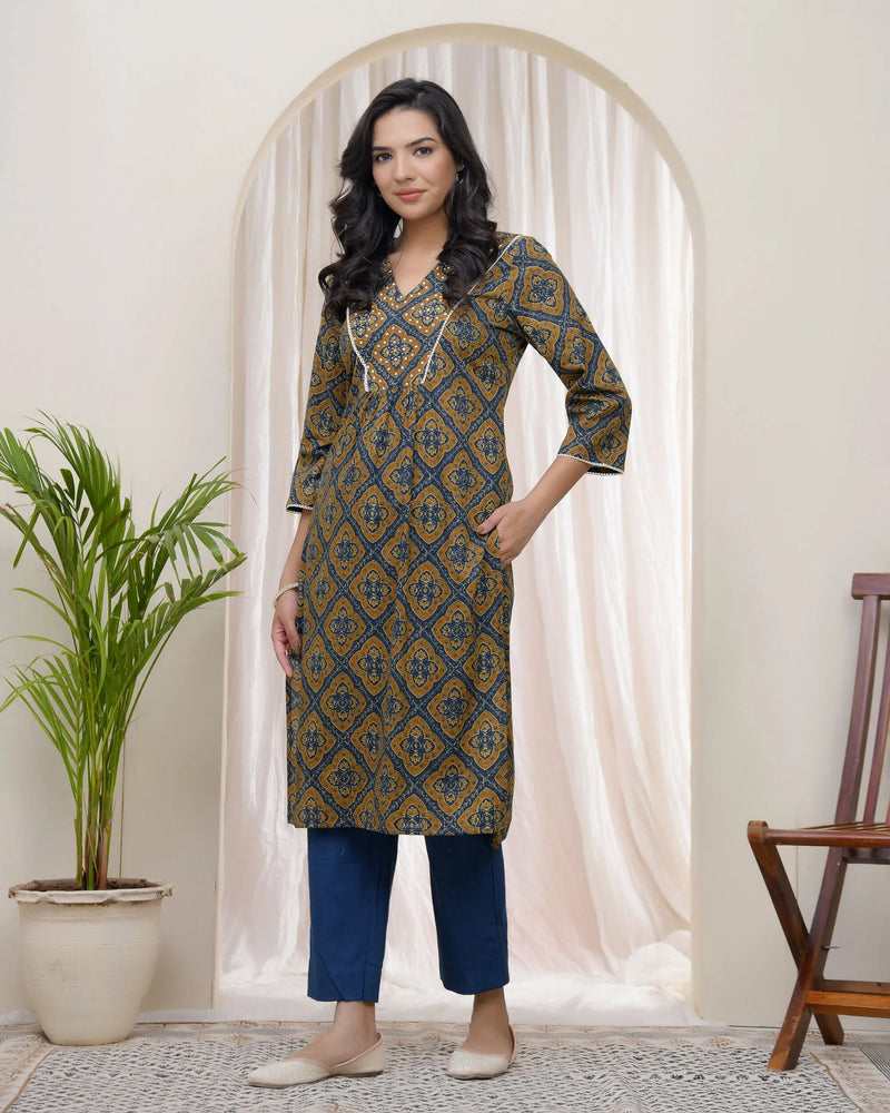 Blue Ajkakh Printed Kurti With Embroidered Yoke (Set of 5 Pc)