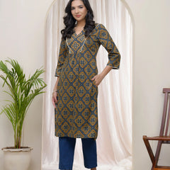 Blue Ajkakh Printed Kurti With Embroidered Yoke (Set of 5 Pc)
